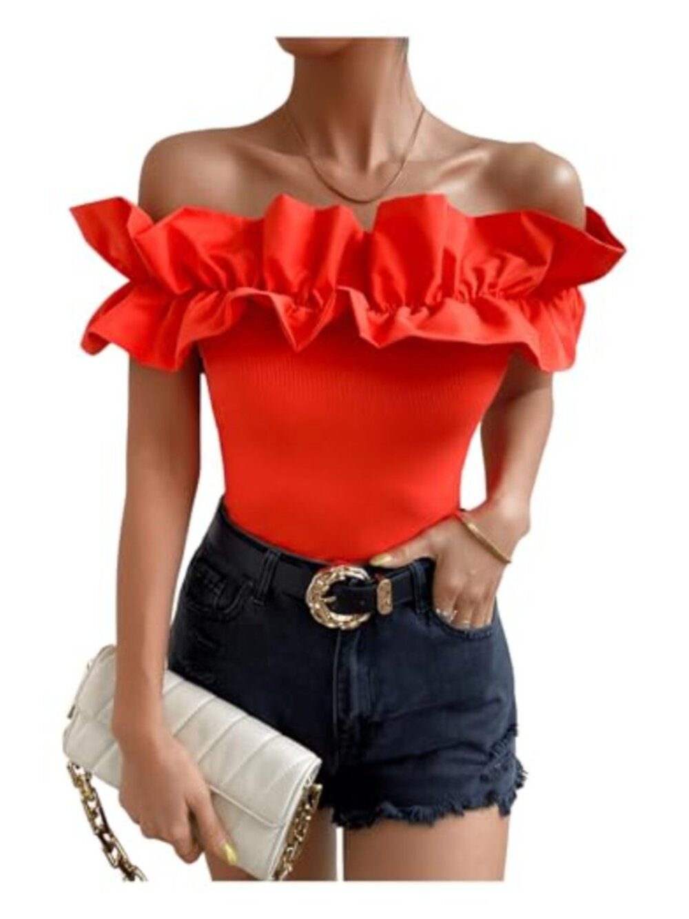 Rib Knit Off Shoulder Ruffle Blouse Party Top Short Sleeve Slim Fit